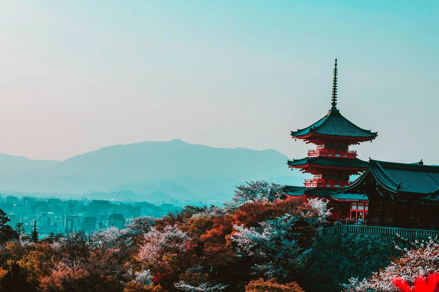 Temple rooftops and a city framed by hills in Japan